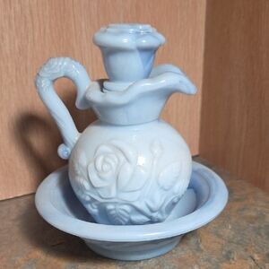 Vintage Elegant Blue Milk Glasd Avon Bubble Bath Vase with Floral Design